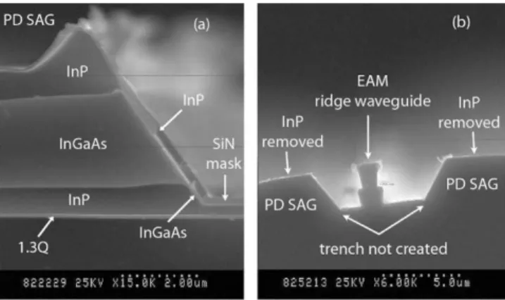 Fig. 4. SEM picture showing PD SAG epitaxy adjacent to SiN-masked EAM ridge waveguide area.