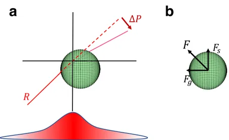 Figure 1.4: Optical forces in OT. Each ray which is scattered by the particle will have a change in the momentum and the momentum change is the cause of the reaction force on the particle towards the beam center