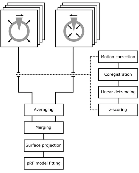 Figure 3.2: pRF Preprocessing Pipeline. After motion correction and coregistra- coregistra-tion, the time series for each run were z-score normalized and linearly detrended.