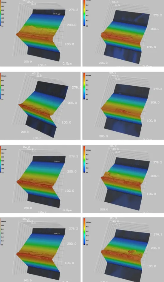 Fig. 7. 3D Edge proﬁle measurements. Left column 7 ◦ , right column 14 ◦ clearance angle