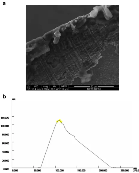 Fig. 1 a SEM image of the cutting edge. b 2D edge profile for t u = 1 μm