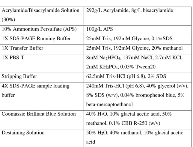Table 2.2 SDS-PAGE, Western Blot and Coomassie Blue Staining Buffers 