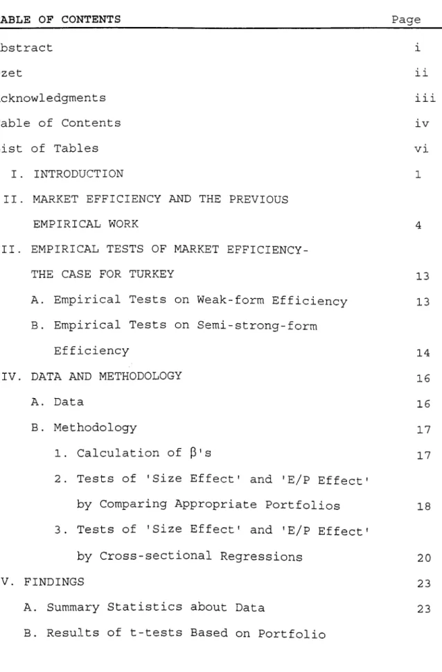 TABLE  OF  CONTENTS Page Abstract Özet Acknowledgments  Table  of  Contents  List  of  Tables I 