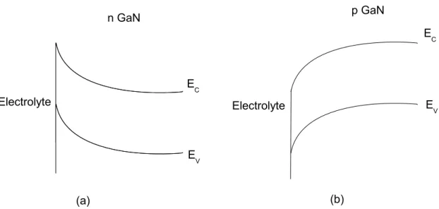 Figure 3.1: Different band bending of n- and p-type GaN/electrolyte interface away from the surface