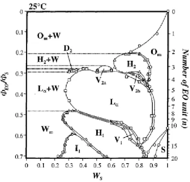 Figure 1.9: Phase diagram of C n EO m  -water system as a function of the volume  fraction of EO chain in the surfactant molecule and weight fraction of C n EO m  at 25 