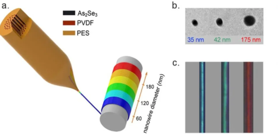 Figure 1. (a) Fiber embedded nanowire structure is thermally drawn from a composite that has an arsenic selenide core, an isolation polymer  layer (poly vinyl fluoride) and a wrapping second jacket polymer (poly ether sulphone)