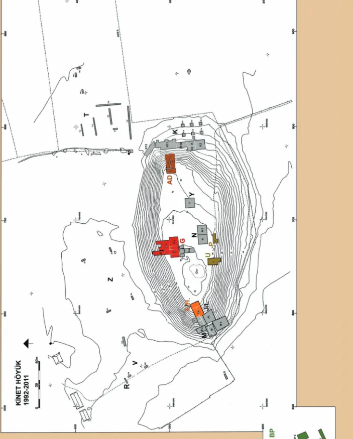FiG. 3 a topographic plan of Kinet Höyük with excavation areas discussed indicated in light orange (e/H), dark orange (ad), red (G),   brown (u and P), and green (BP)