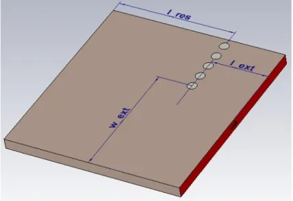 Figure 2.11: Coupling between source(load) and first(last) resonator For w ext = 225 mils, l ext = 100 mils and l res = 210 mils; external Q is 7.27 and loaded frequency is 16.23 GHz