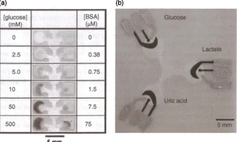 Figure 8.6  Different detection methods used in a paper-based platform. (a) Colorimetric  detection of glucose and protein