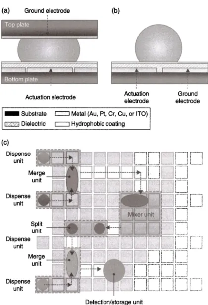 Figure 8.10  Digital microfluidic platforms: (a) Close system and (b) open system. (c) 2D  schematic illustration of digital microfluidic chip illustrating dispensing, merging, splitting,  and mixing units
