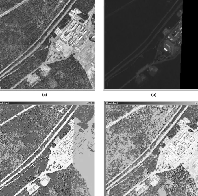 Figure 7. Classification in the presence of missing data: (a) Aerial bands, (b) Ikonos band with missing data, (c) Classification using no surrogate splits, and (d) Classification using five surrogate splits