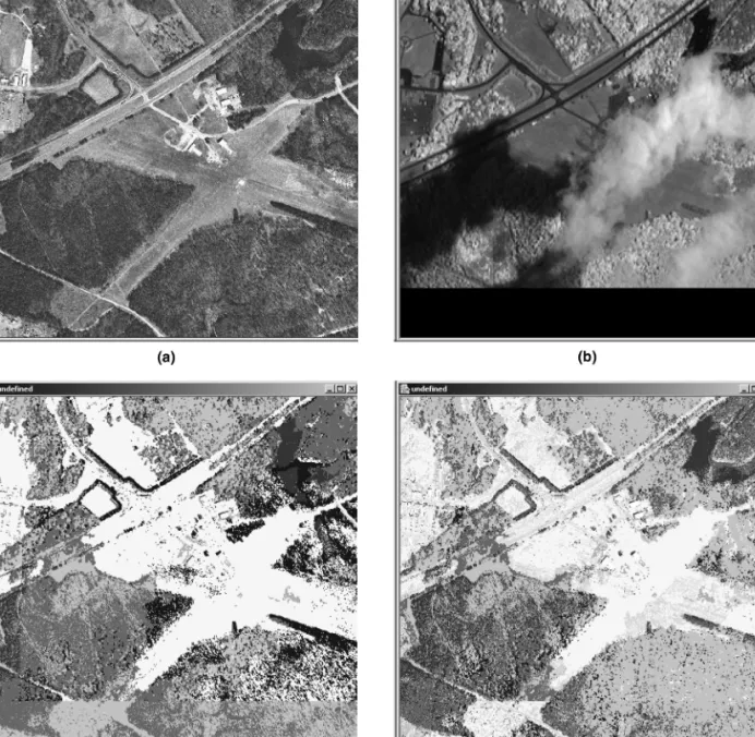 Figure 8: Classification in the presence of missing data (continued): (a) Aerial bands, (b) Ikonos band with missing data and cloud, (c) Classification using no surrogate splits, and (d) Classification using five surrogate splits