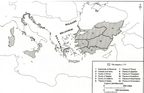 Fig. 1. The empire and the themata in the eighth century (Haldon 1999: Map IV).