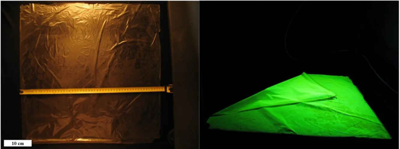 Figure  1.  Photograph  of  a  51  cm  ×  51  cm  InP/ZnS  QD  membrane  under  room  light  along  with  a  ruler  (left)  and  the  folded  membrane under UV illumination (right)