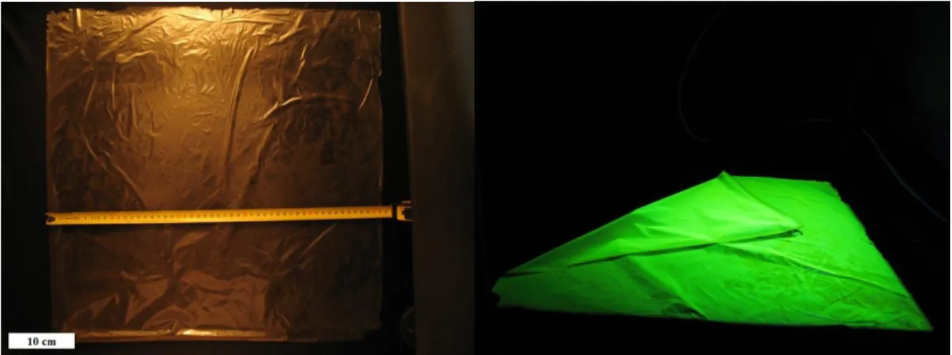 Figure  1.  Photograph  of  a  51  cm  ×  51  cm  InP/ZnS  QD  membrane  under  room  light  along  with  a  ruler  (left)  and  the  folded  membrane under UV illumination (right)