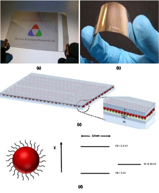 Fig. 1. (a) Large-area, semi-transparent, solution processed, light-sensitive nanocrystal skin  (LS-NS) devices