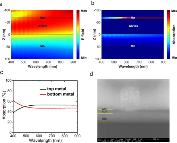 Figure 7.  Simulated (a) electric field intensity and (b) absorption distribution in the cross section of the  optimal MIM structure as a function of wavelength, (c) contribution of top and bottom metal layers in the light  absorption and, (d) SEM image of