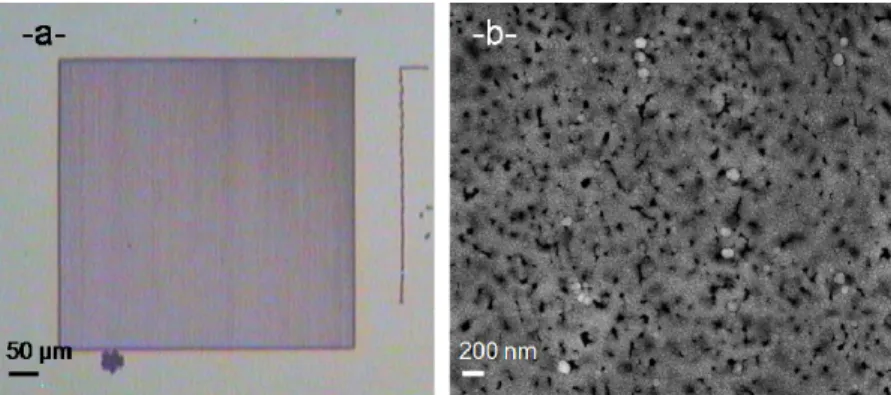 Fig. 2. a) Optical microscope image of a laser-scanned square on a SiO 0.79 N 0.04 C 0.08 H 0.18  sample  (laser power density 500 kW/cm 2 , scan speed 0.05 mm/s), b) SEM image of the scanned zone