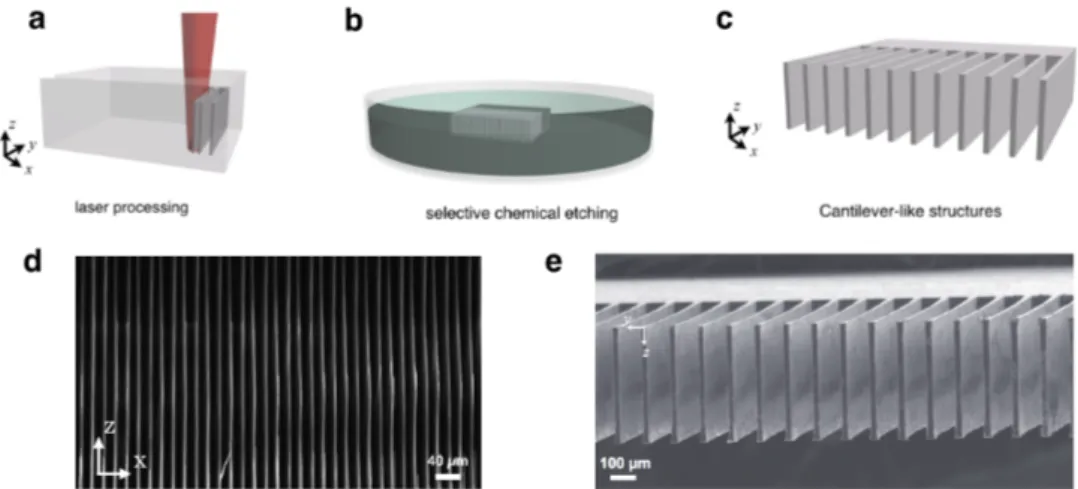 Fig. 1 (a) The laser is used to create controllable structures deep inside Si. (b) The processed volume is selectively etched.