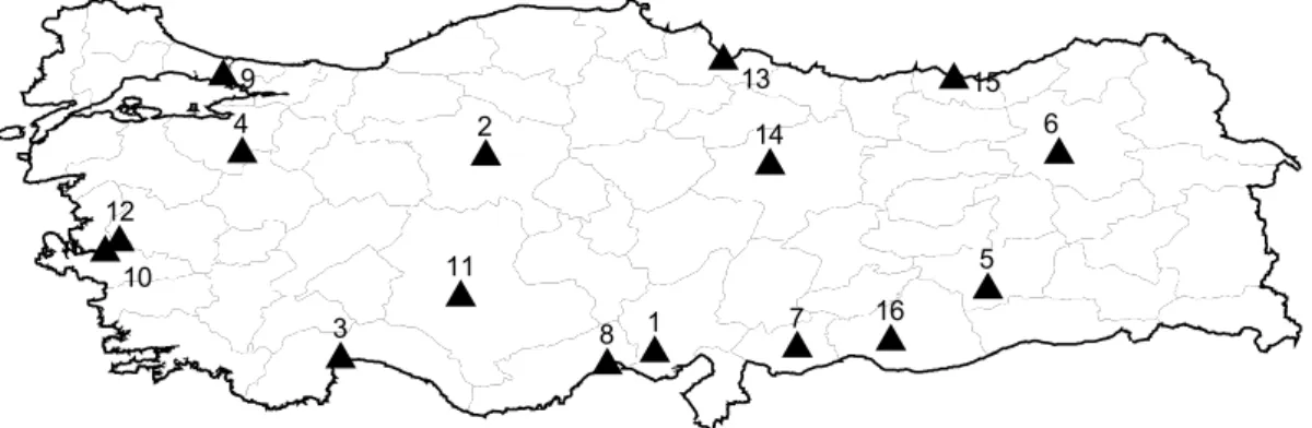 Fig. 1. The 16 cities over the Turkey map.