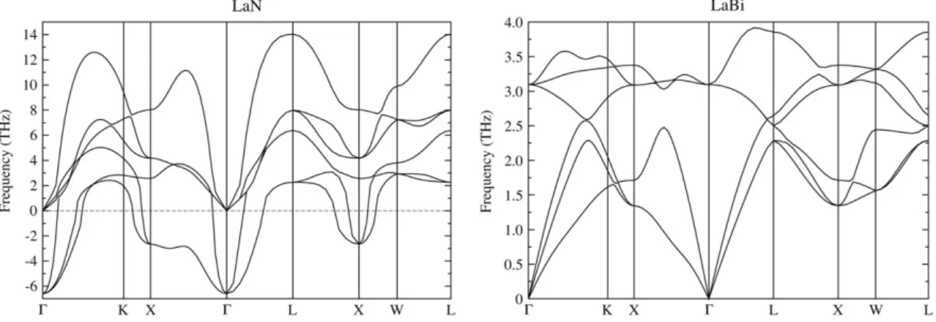 Fig. 3. Phonon dispersion curves for LaN and LaBi systems along the main symmetry directions in BZ.