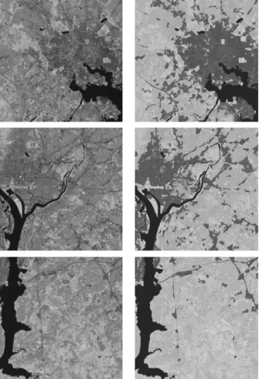 Fig. 6. Segmentation examples from the NASA dataset. Images on the left column are used to train pixel-level classifiers for city, residential area, water, park and field using positive and negative examples for each class