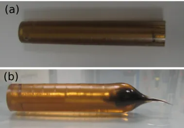 Figure 3.1: A preform (a) before fiber drawing process (b) after fiber drawing process.