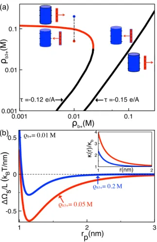 FIG. 4. (a) Critical Spd 3 + versus Na + concentration curves splitting the regimes with attractive and repulsive polymer-DNA interaction at two different polymer charge densities