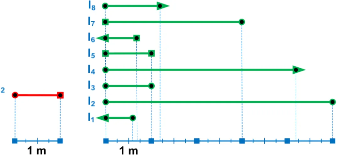 Figure 4.1: Line segment l 2 on the left is in S c and other eight line segments are in S r 