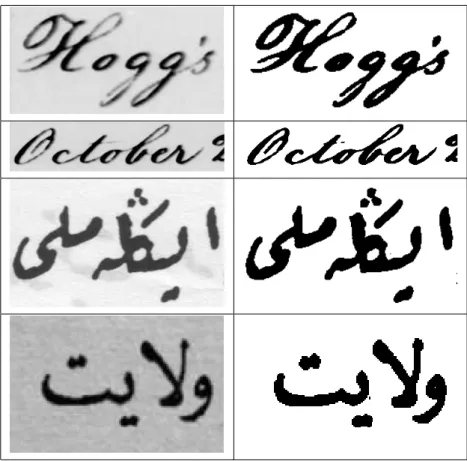 Figure 3.1: Original gray-scale images (left) used in word spotting task and their binarized versions (right) are provided.