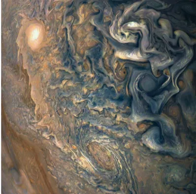 FIG. 1. Juno image of Jupiter’s cloud tops near northern latitude 48 .9 ◦ . The horizontal scale of the image is approximately 95 000 km (9.3 km/pixel)