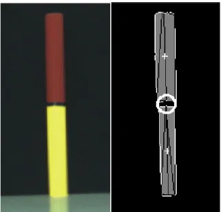 Figure 3.10: Left: A red-yellow landmark as seen by the robot. Right: blobs extracted from the image with their centers marked with a “+” sign
