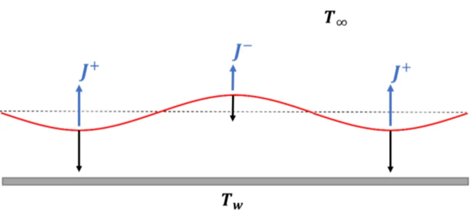 Figure 1.5: Mechanism of instability induced by vapor recoil effect (E-mode). T w is the temperature of the wall, T inf is the temperature of the ambient gas, and J is the mass flux across the interface.