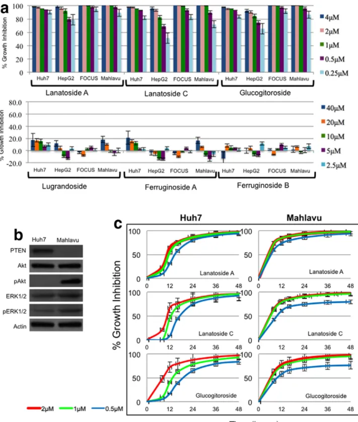 Fig. 2. Bioactivities of the glycosides extracted from rusty foxglove. (a) Percent growth inhibitions were characterized by NCI-SRB assay on epithelial like (Huh7 and HepG2) and mesenchymal like (Mahlavu and FOCUS) liver cancer cells which were treated for