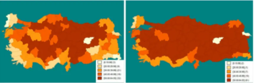 Figure 2. Comparison between average AKP vote shares (left) and seat shares (right). Note: Comparison between average AKP vote and seat shares in 2002, 2007, and 2011 elections