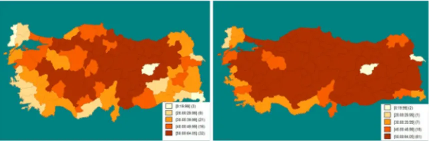 Figure 2. Comparison between average AKP vote shares (left) and seat shares (right). Note: Comparison between average AKP vote and seat shares in 2002, 2007, and 2011 elections