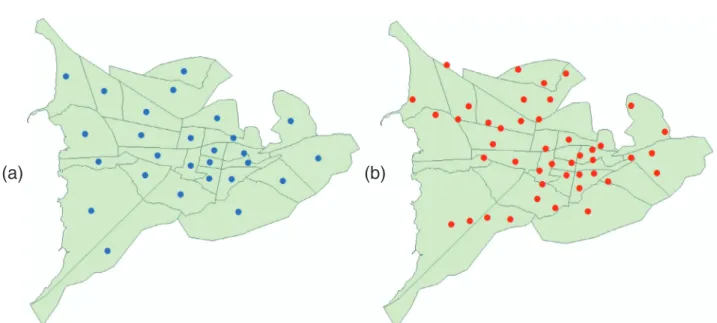 Fig. 2. (a) Centroids of Van’s 27 districts. (b) Locations of 44 candidate shelter areas.