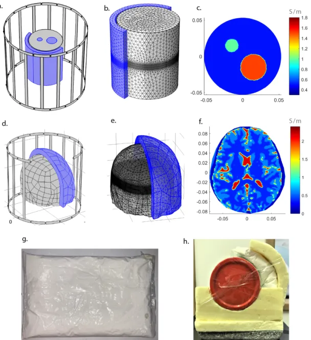 Figure 3.1: Simulation and experimental phantoms and pads. a) QBC, cylindrical phantom and the pad