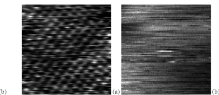 Figure 1. Simultaneous force gradient (a) and STM (b) images of Cu(100). Image size is 28 × 28 Å 2 
