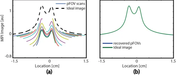 Figure 2.8: DC Recovery Algorithm. a) The loss of the fundamental frequency signal corresponds to different and unknown amounts of DC loss for each pFOV b) Using DC recovery algorithm, it is possible to recover ideal MPI image.