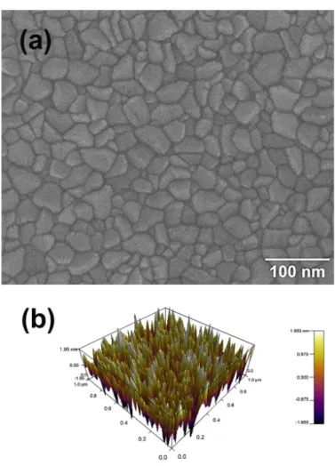 FIG. 7. (a) SEM images of InN thin film deposited on Si(100) substrate at 200 ◦ C, (b) Surface morphology of same sample revealed by AFM.