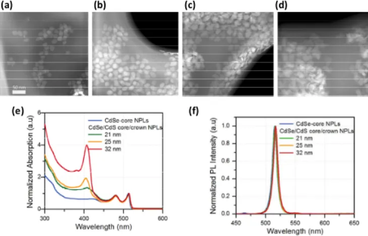 Figure 1. High-angle annular dark-field transmission electron microscopy (HAADF-TEM) images of the (a) CdSe-core  NPLs, (b) 21, (c) 25 and (d) 32 nm CdSe/CdS core/crown NPLs with the scale bar of 50 nm