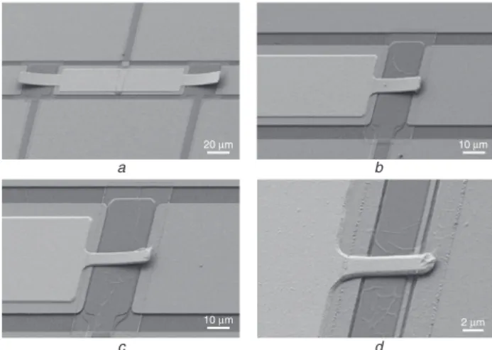 Fig. 3 SEM pictures of DC-contact RF MEMS double-arm actuators a L ¼ 50 mm, W ¼ 20 mm (both arms shown)