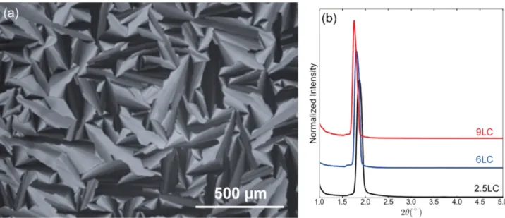 Figure 2. Polarized optical microscope (POM) image of 2.5LC (a) and small-angle XRD patterns of 9LC, 6LC, and 2.5LC, top to bottom (b)