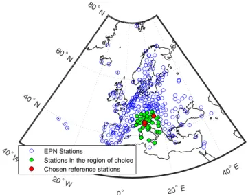 Figure 1. Positions of 320 EPN reference stations over Europe including region of choice covering Italy shown with green circles and chosen reference stations with red circles.