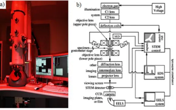 Figure 3.7.  a) FEI Technai G2 F30 TEM located at UNAM and b) the main functions and basic  operating principle of TEM [36]