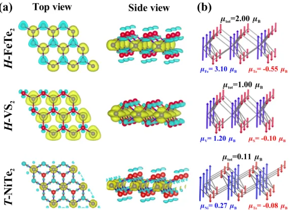 FIG. 2. (a) Top and side views of the isosurfaces of the HSE-calculated spin density ρ S (r) for FeTe 2 , VS 2 , and NiTe 2 monolayers in their lowest-energy structures, corresponding to the isovalues of +0.01, +0.0075, and +0.005 (yellow) and −0.01, −0.00