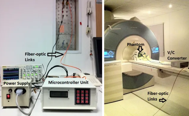 Figure 2.2: Hardware Setup: On the left, microcontroller and power supply units which are located near MRI console are shown