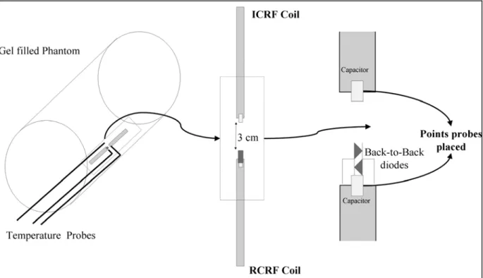 Figure 2.6:  Sketch of the heating experiment involving ICRF and RCRF coils. Two coils were placed  on the inner wall of the gel filled phantom