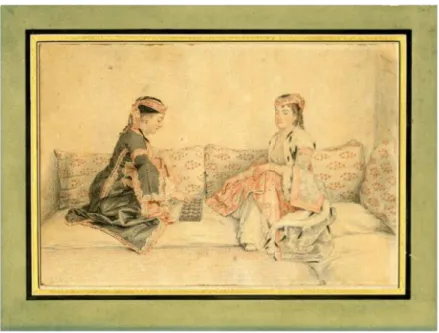Figure 18. Two women in Turkish costume seated on a divan and playing  mankala. c.1740/2 